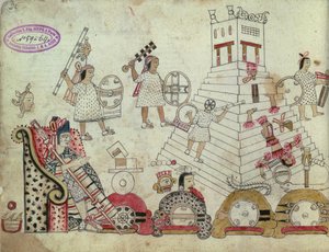 A Napistennek feláldozott hadifoglyok egy azték kódexből (honfoglalás után, 1519)